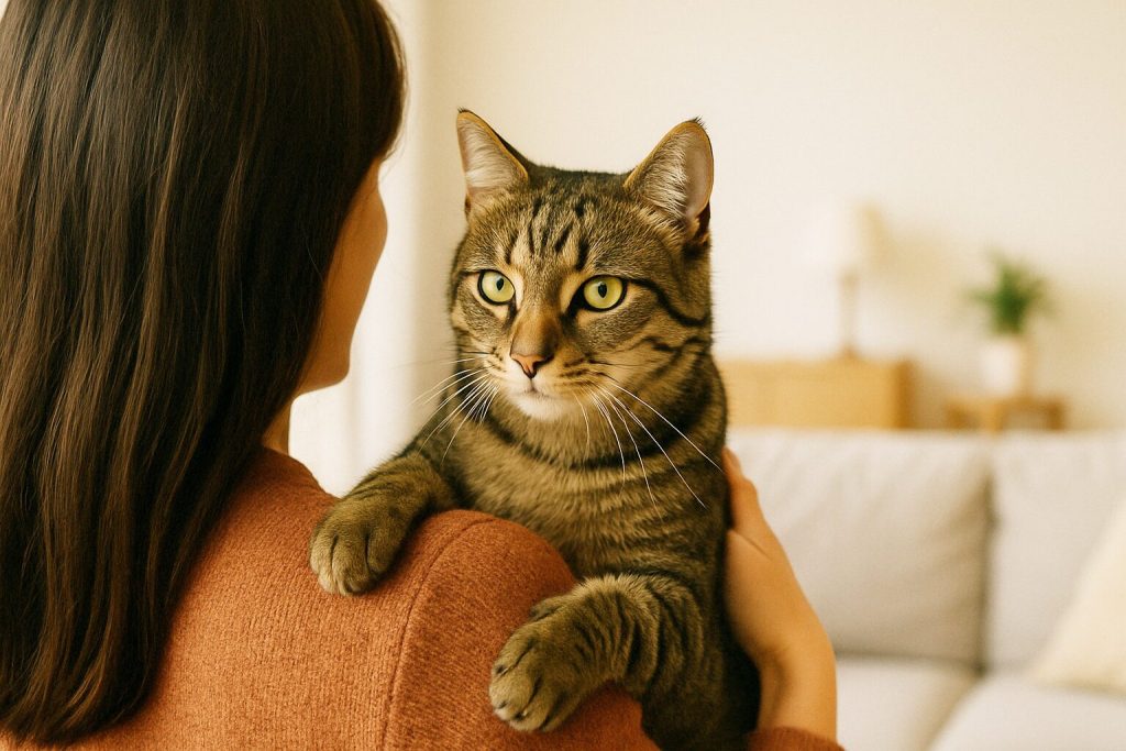 抱っこされているキジトラ
