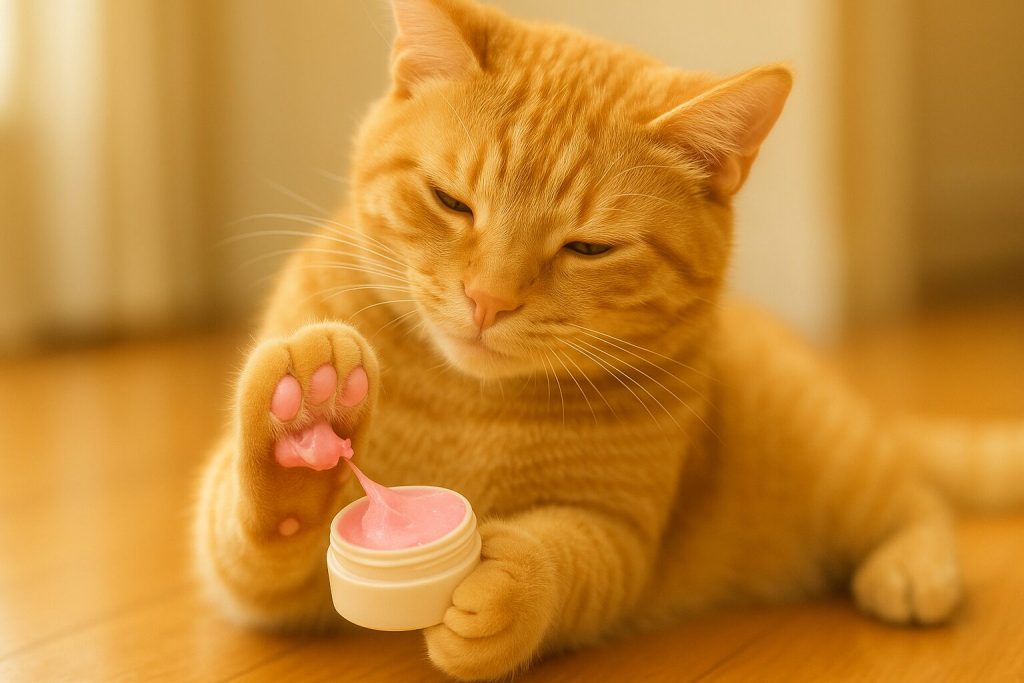 茶トラが肉球にクリームを塗っている