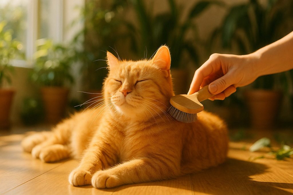 ブラッシングされている茶トラ猫
