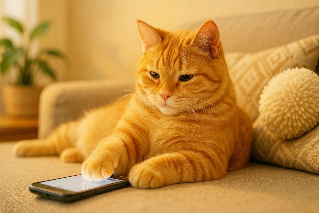 スマホをいじっている茶トラ