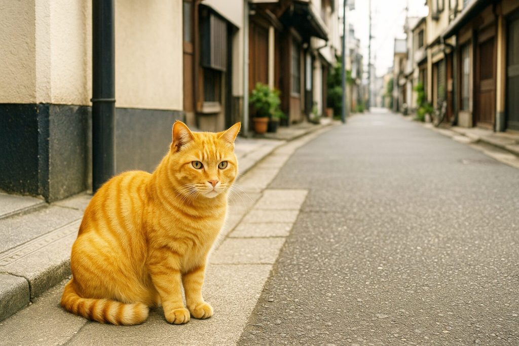 日本の街にいる茶トラ猫
