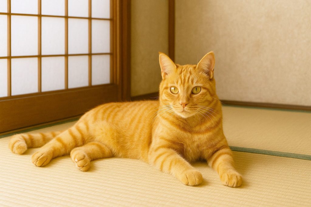 日本の畳にいる茶トラ猫