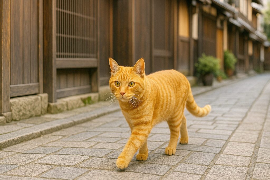 日本の街を歩く茶トラ猫