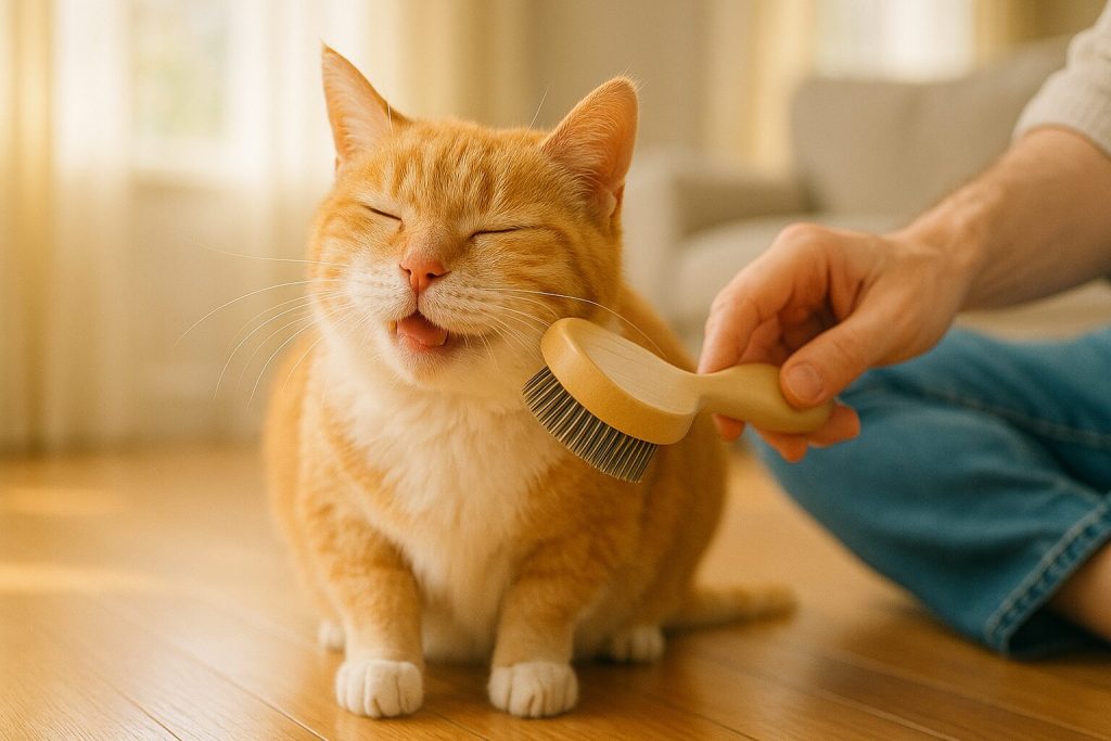 ブラッシングされている茶白猫