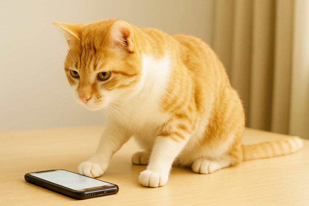 スマホを見ている茶白猫