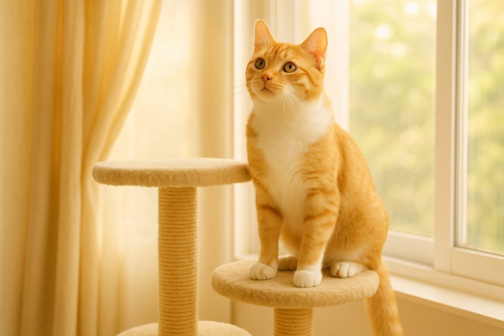 茶白猫のオスがキャットタワーにいる