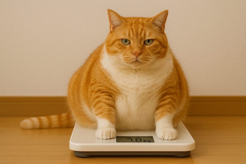 体重を計っている茶白