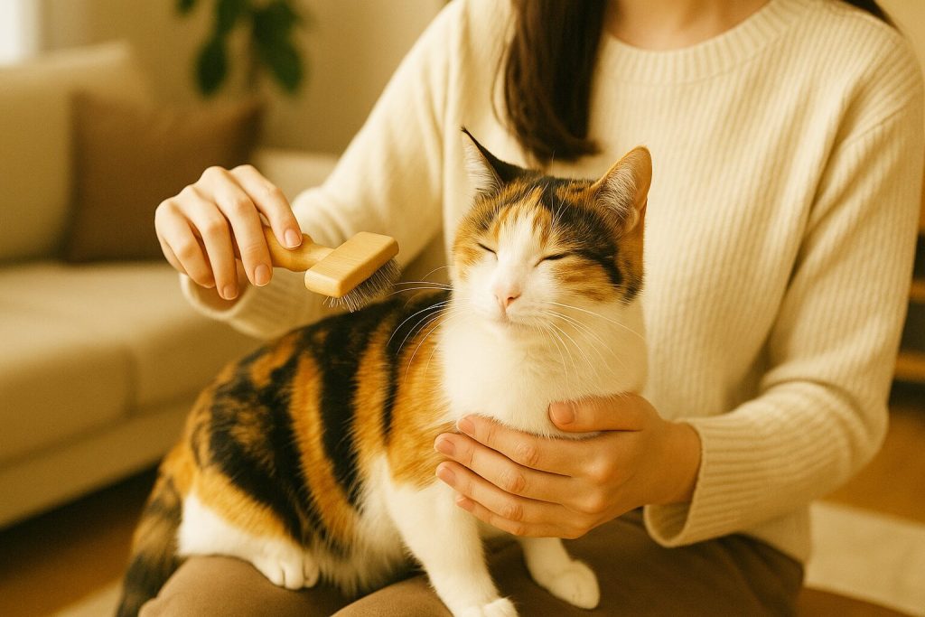 三毛猫がブラッシングされているところ