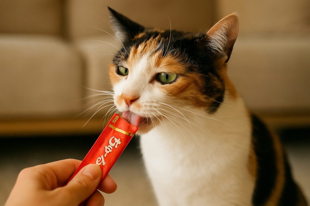 ごほうびをもらっている三毛猫