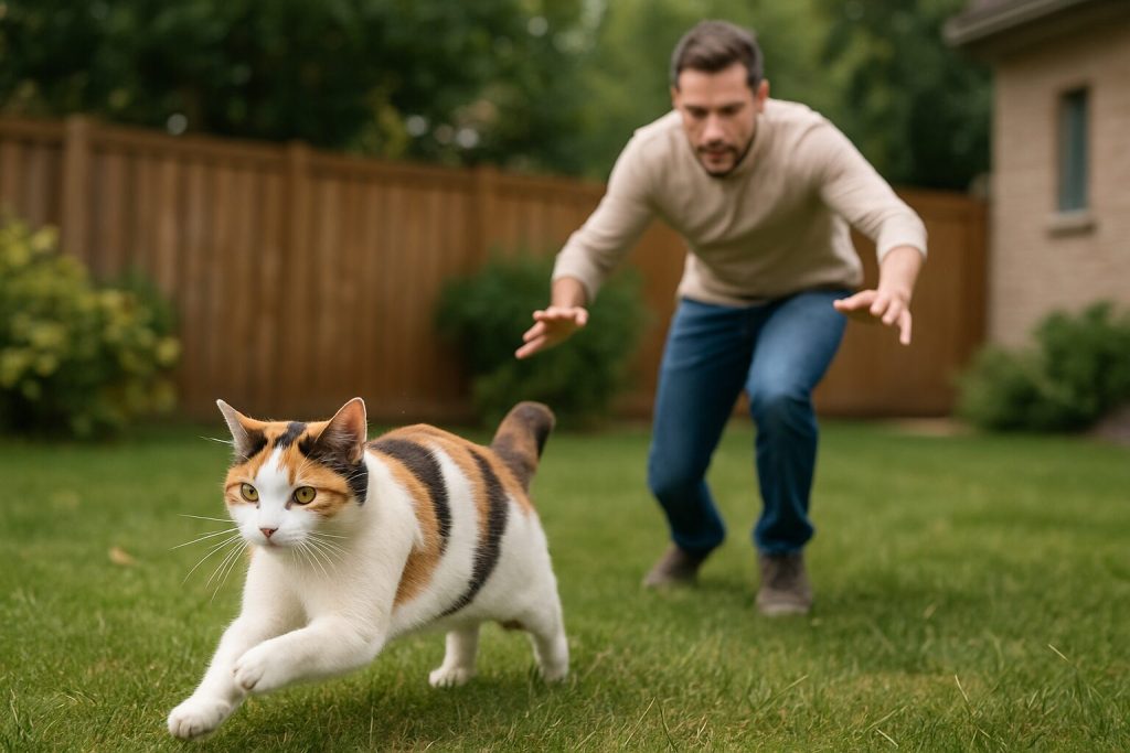 追いかけられて逃げる三毛猫