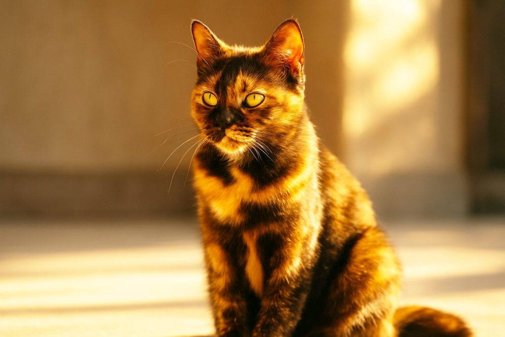 光にあたるサビ猫