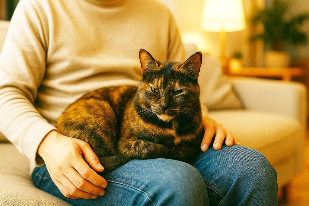 膝の上に乗っているサビ猫