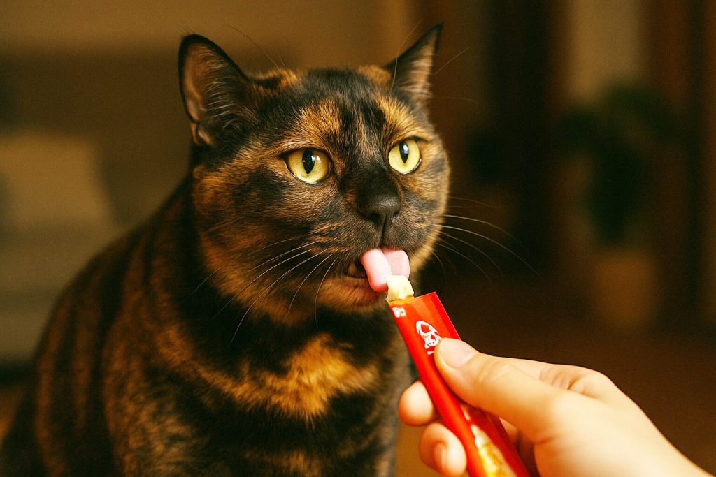 ちゅーるを食べるサビ猫